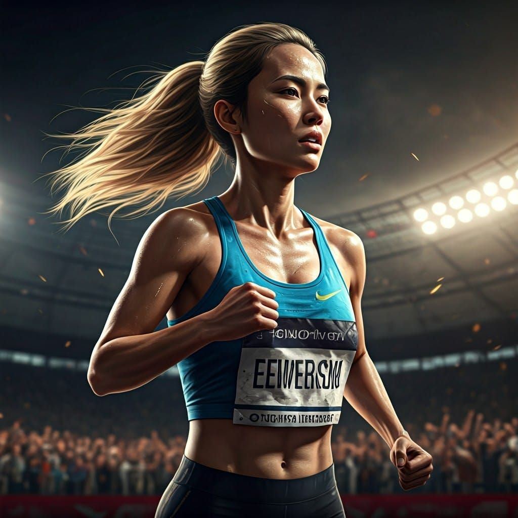 Strong Asian Woman Crosses Marathon Finish Line