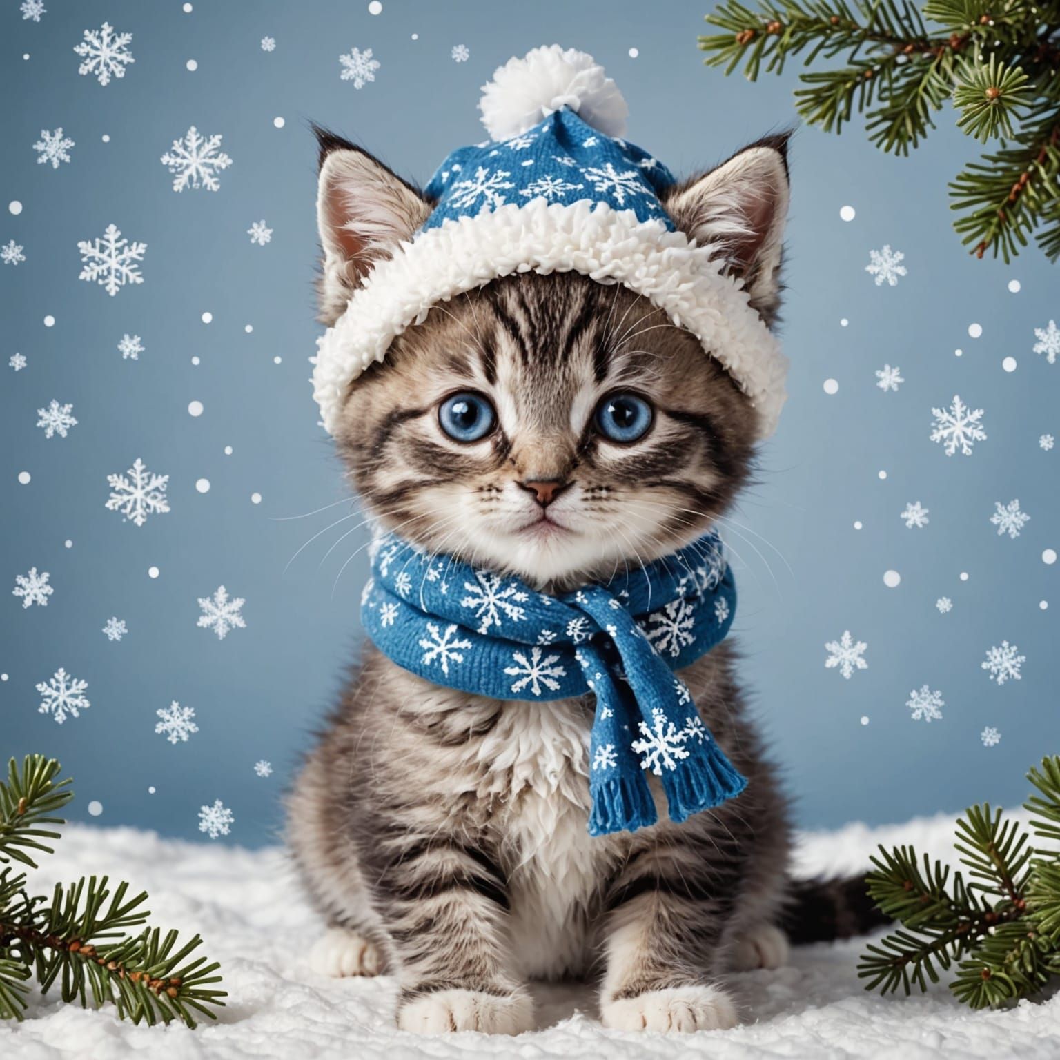 Cute Fluffy Kitten in Christmas Style