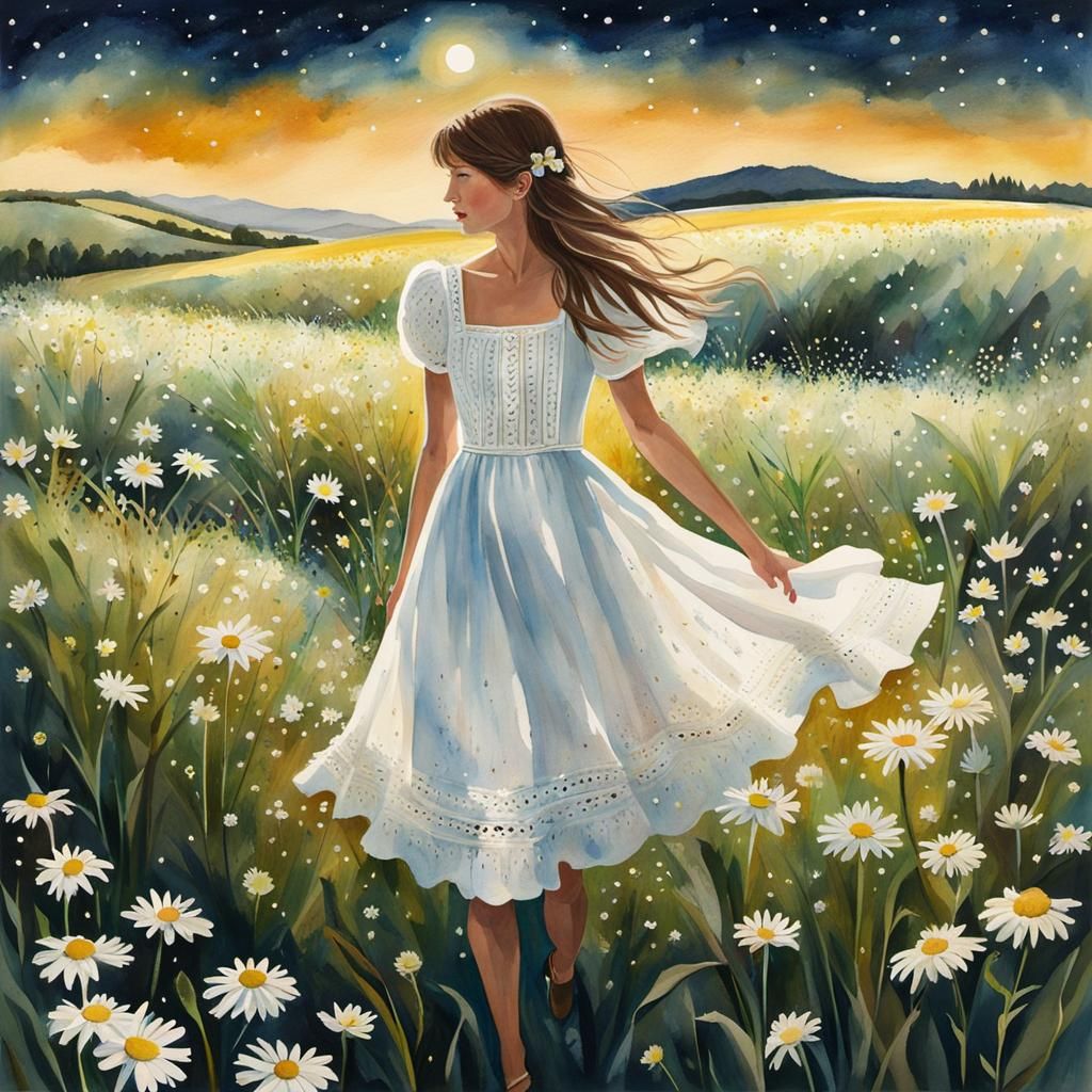 Daisies Under Starry Night Sky in Watercolor