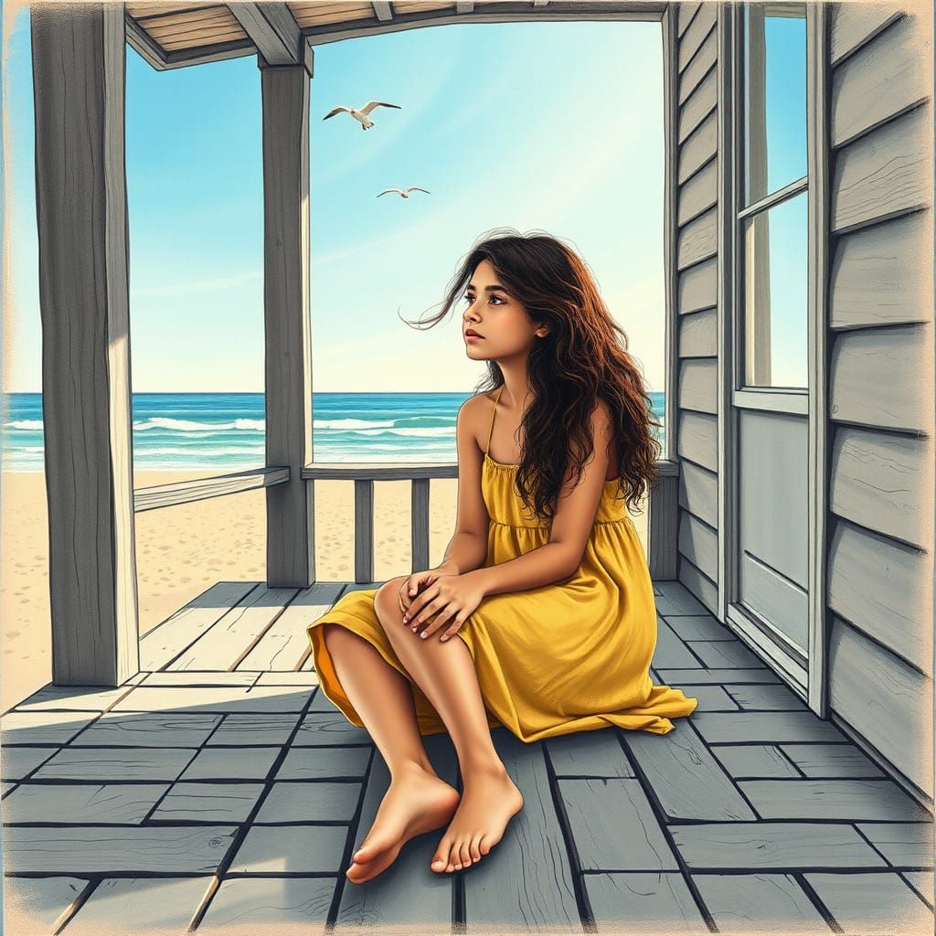 Contemplative Teenager on Oceanfront Porch in Hyperdetailed...