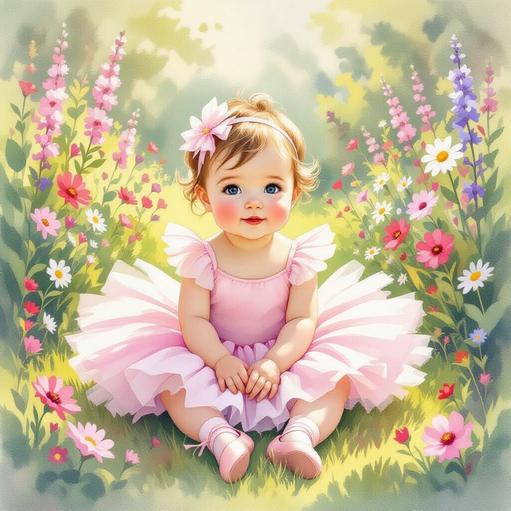 Baby Ballerina in Lush Garden, Watercolor Style
