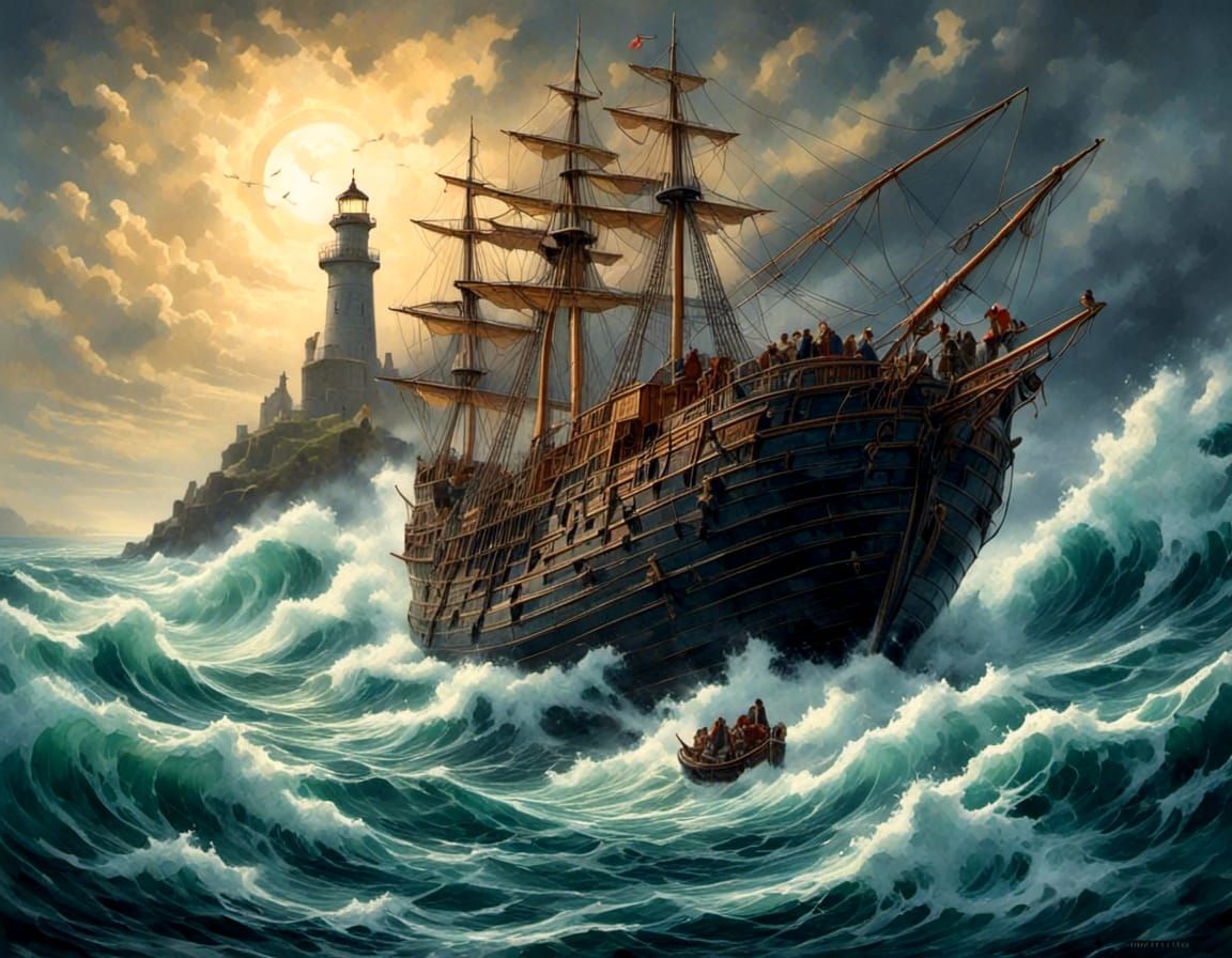 Lighthouse in Stormy Seas: Comic Book Art