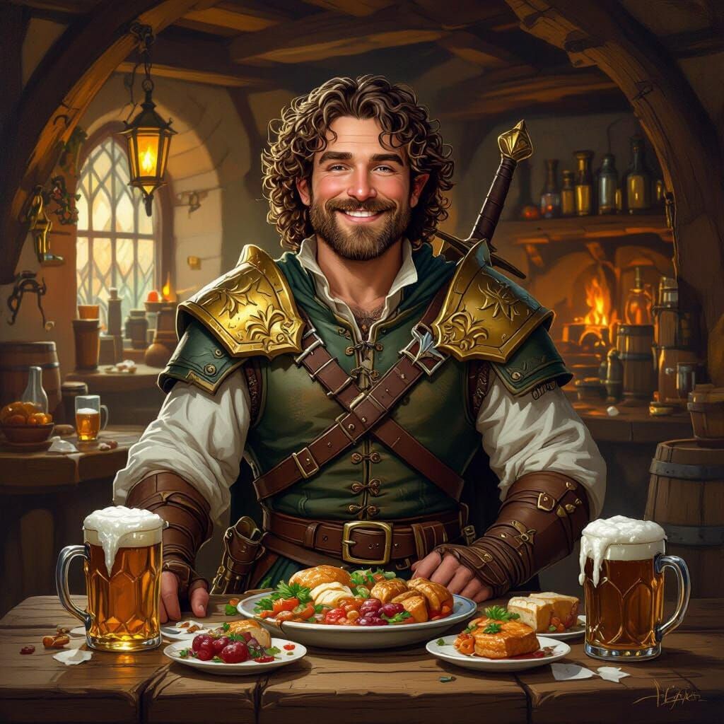 Halfling Fighter with Magical Gear in Rustic Tavern