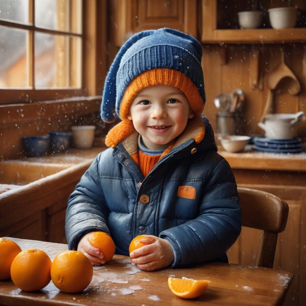 Cozy Winter Kitchen: Boy Peeling Orange, Watercolor Style