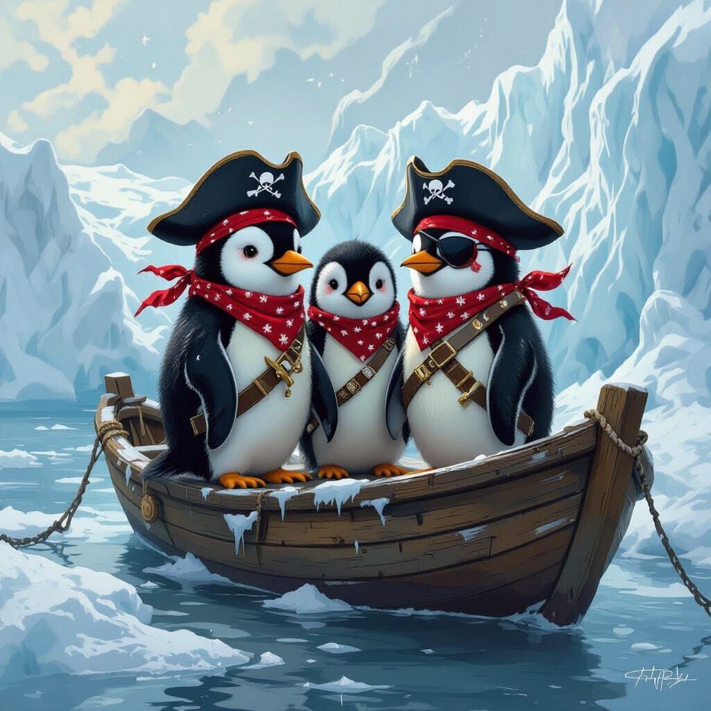 Pirate Penguins on a Ship in Whimsical Style