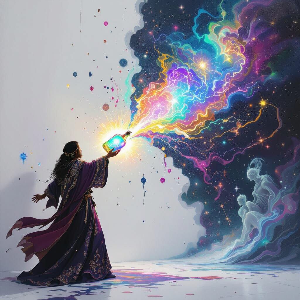 Magical Painter Creates Celestial Art with Glowing Potion