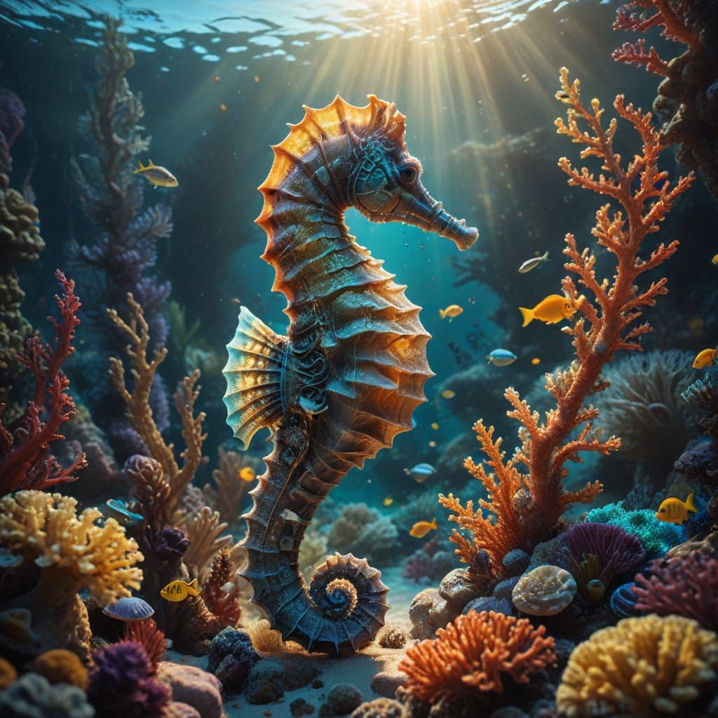 Ethereal Seahorse Amidst Glowing Coral Reef