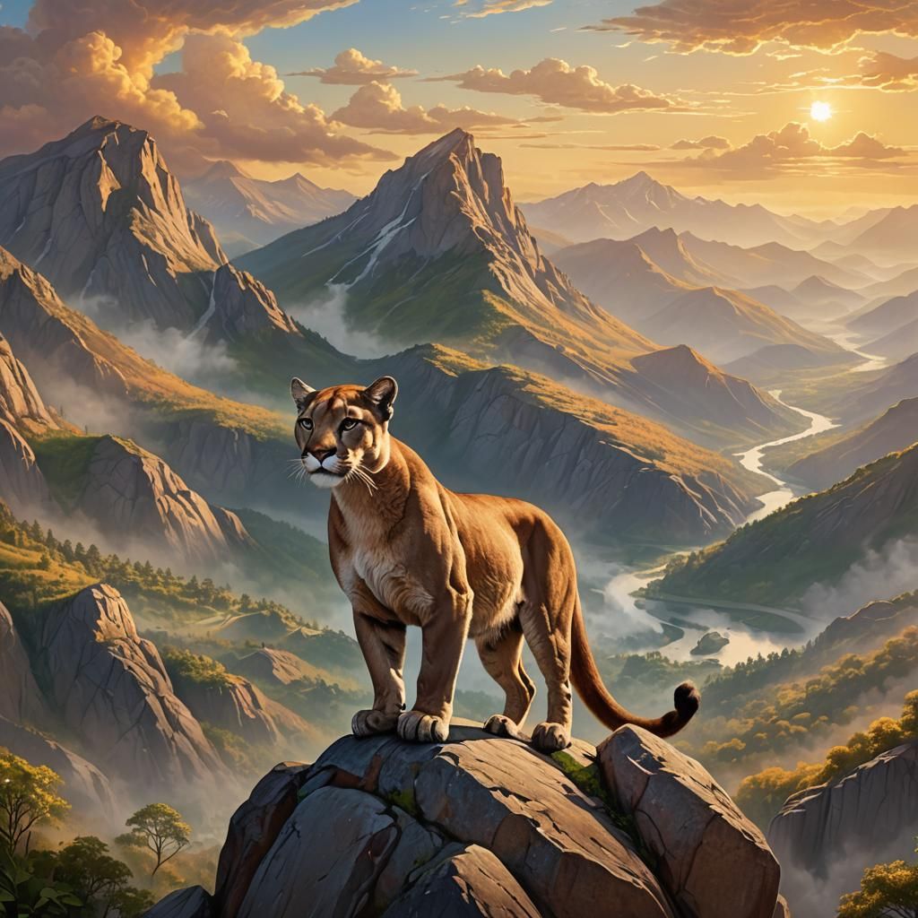 Majestic Mountain Lion Overlooking Valley in Digital Art