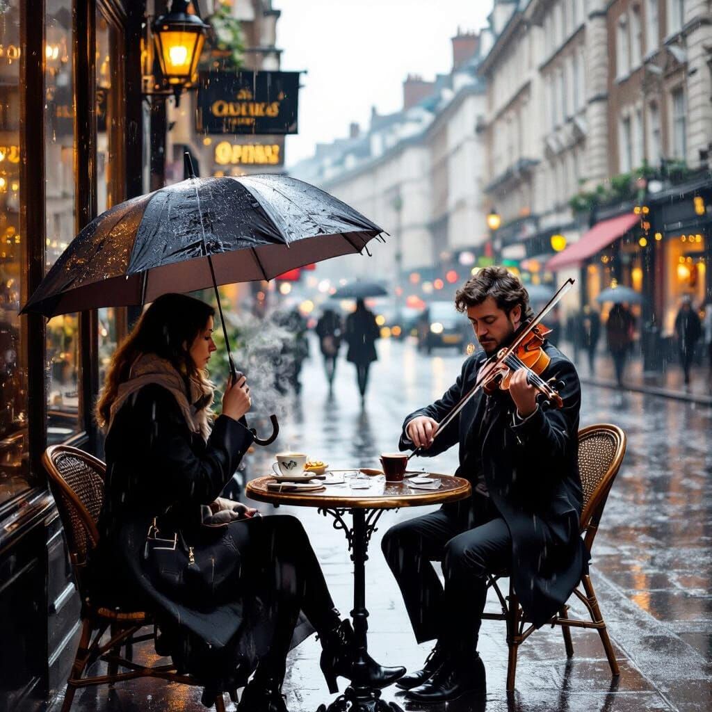 London Rainy Day Cafe Scene With Street Violinist