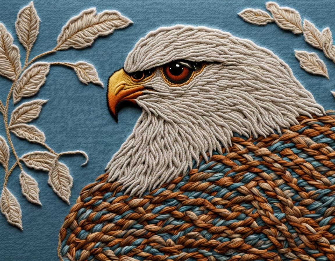Embroidered Needlepoint Hawk on Nest, Macro Shot