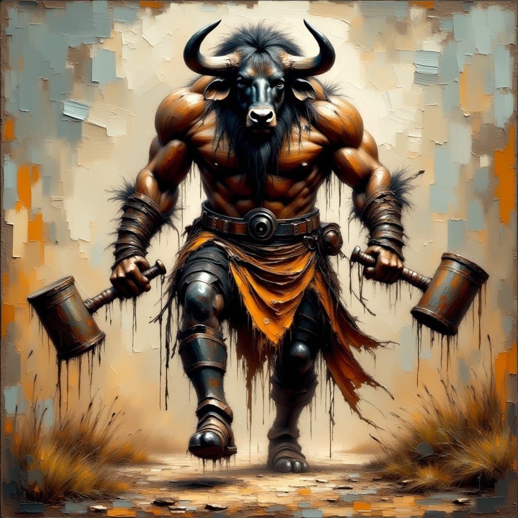 Ancient Minotaur in Weathered Leather Armor, Wielding Throwi...