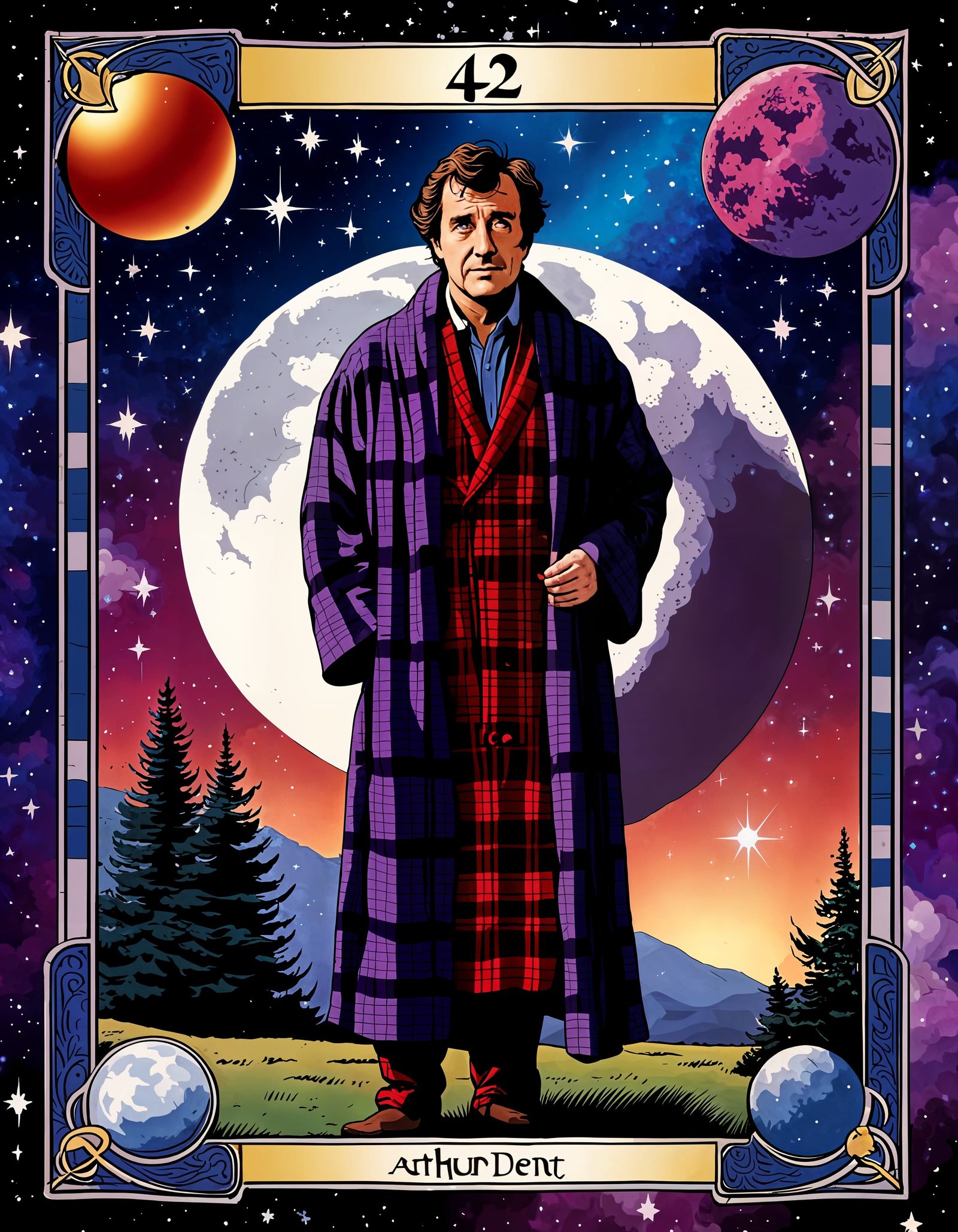 Arthur Dent Tarot Card with Universe Background