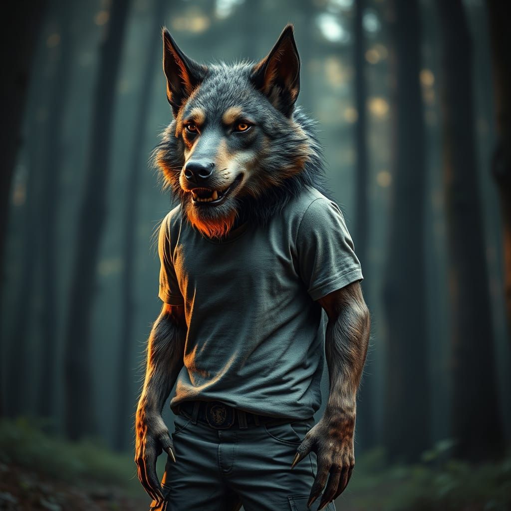Airedale Terrier Werewolf in Dark Fantasy Forest