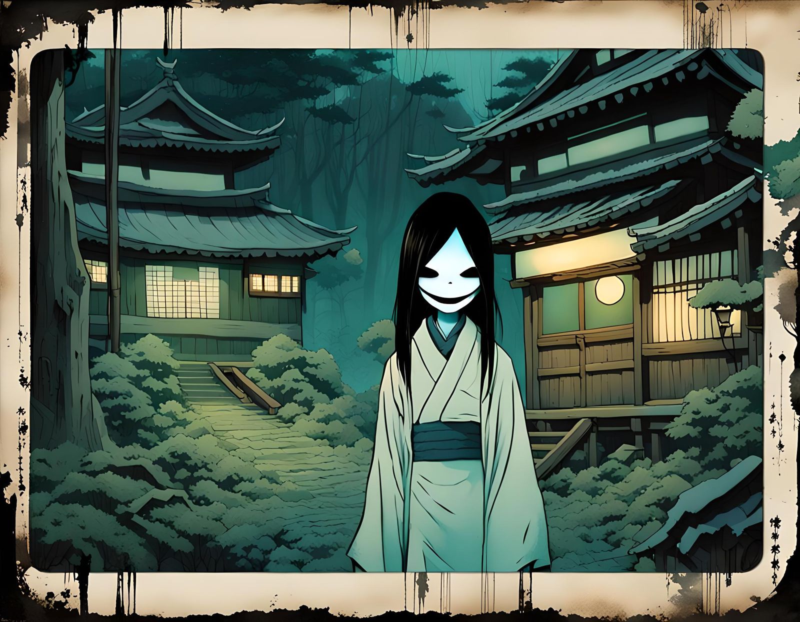 Slit-Mouthed Woman in Ancient Village, Polaroid Style