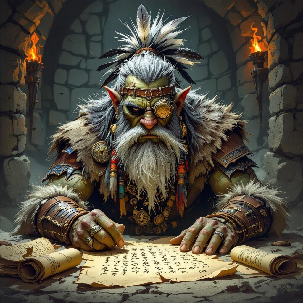 Orc Shaman Deciphers Runes in Dark Fantasy Style