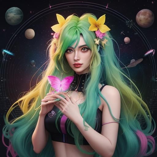 Girl with Green Hair in Neon Synthwave Forest