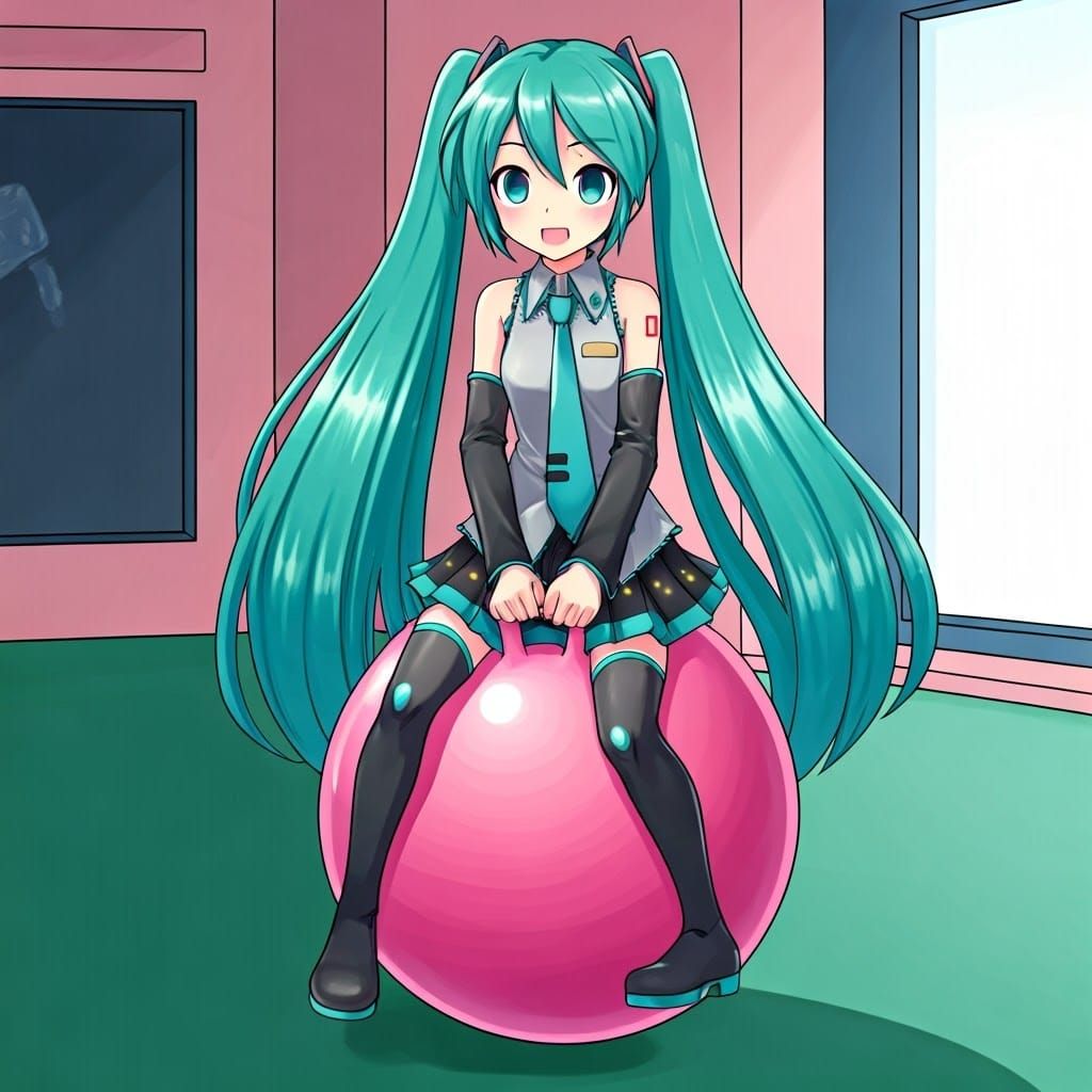 Hatsune Miku in Vibrant Motion on a Trampoline at School