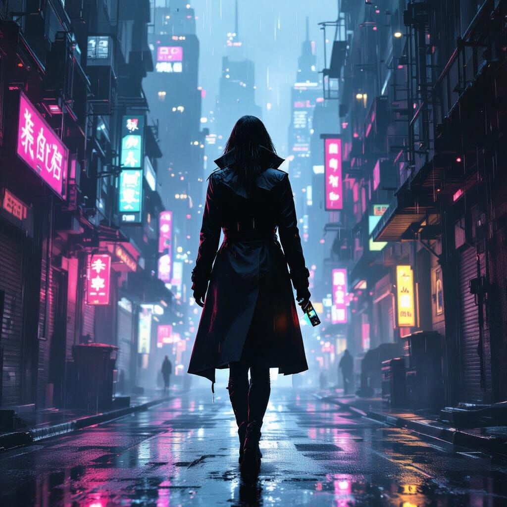 Cyberpunk Detective in Neon Alleyway