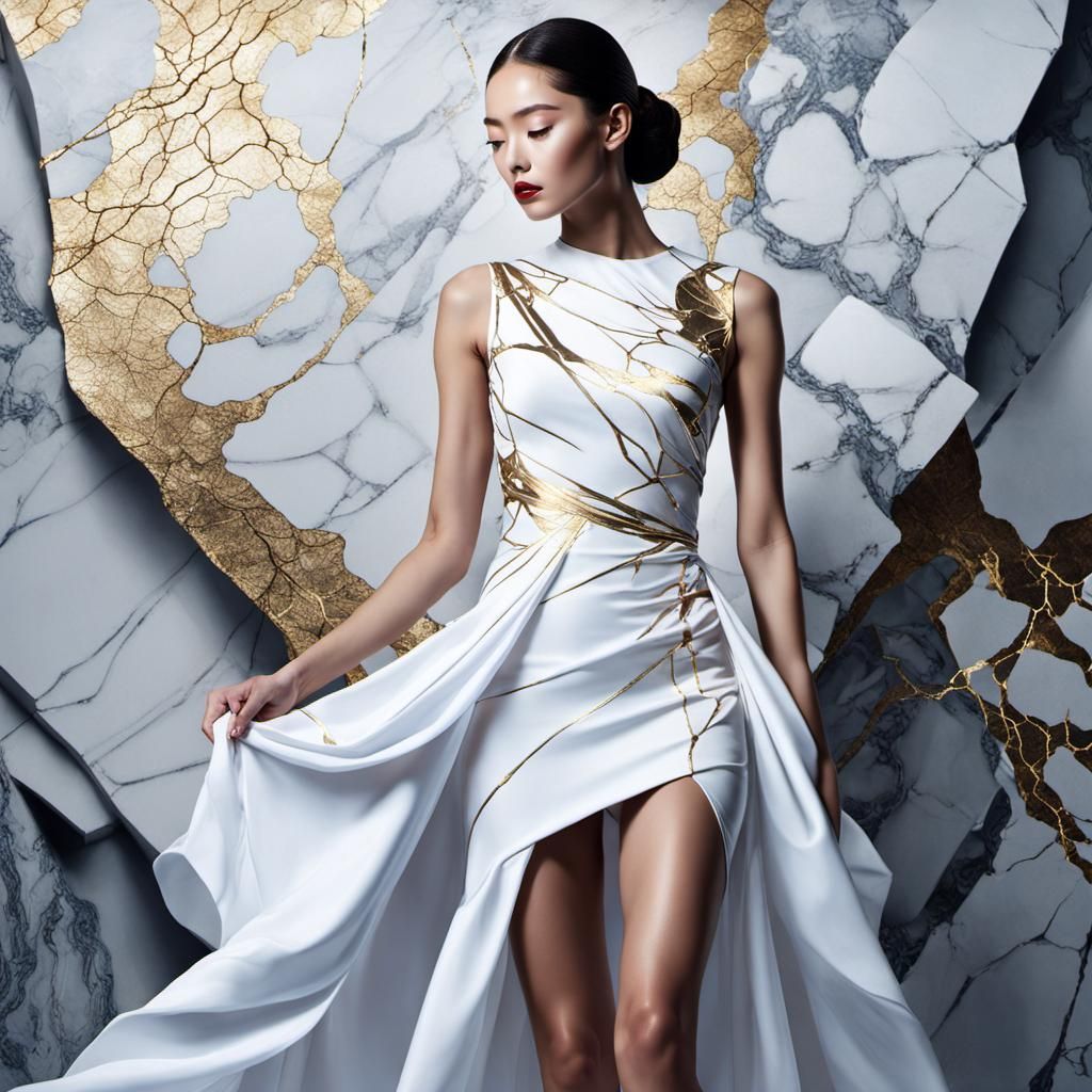 Fashion concept - draping marble dress with kintsugi cracks