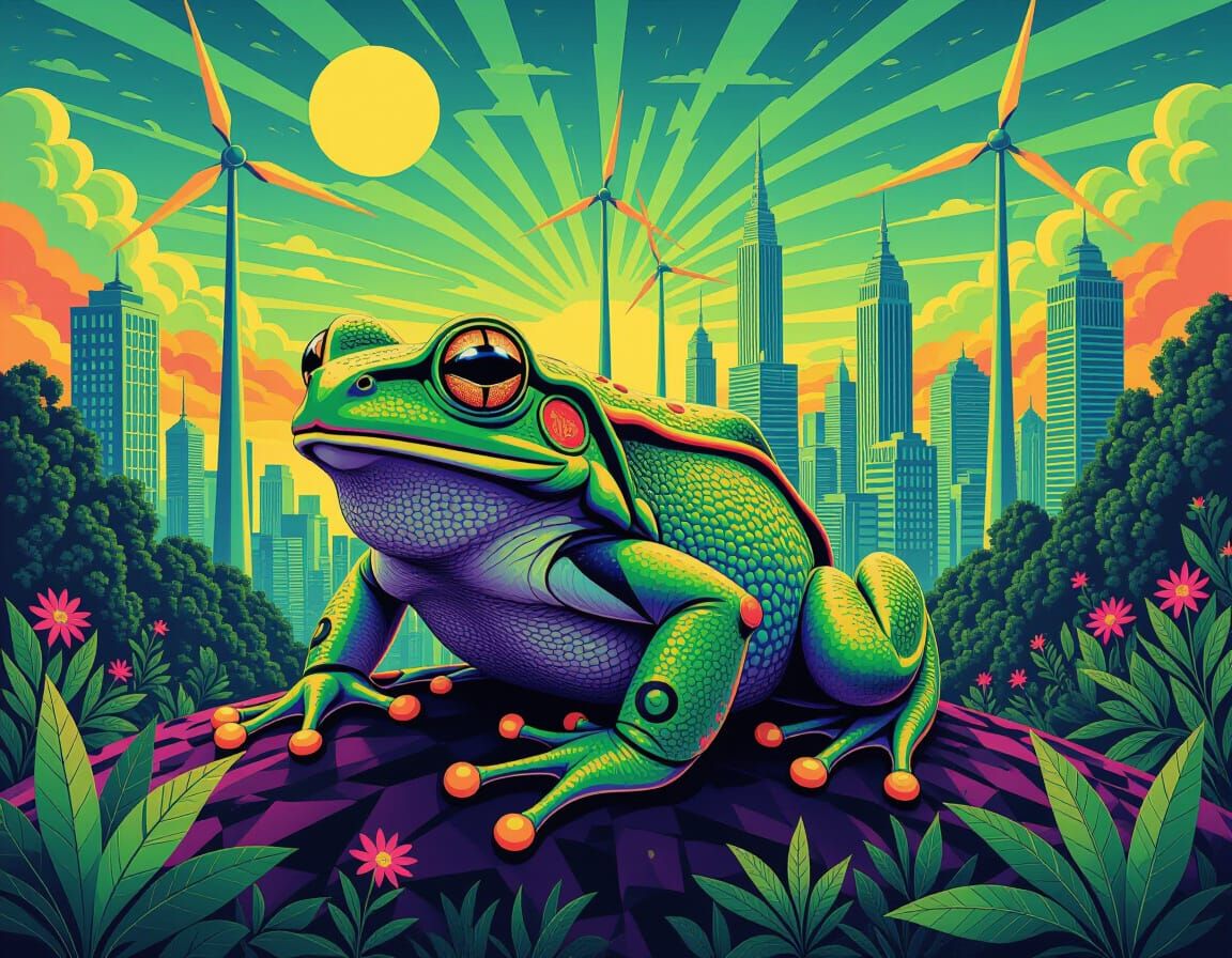 Psychedelic Fractal Frog in Solarpunk Cityscape