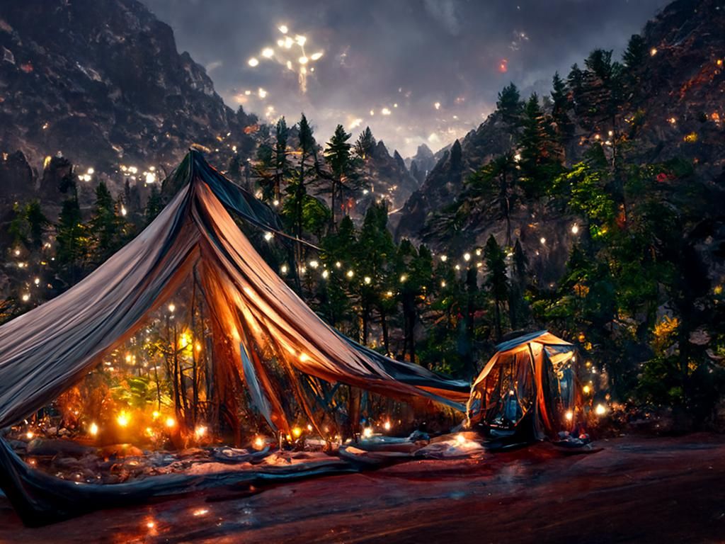 Luxurious Tent Under Night Sky in Photorealistic Style