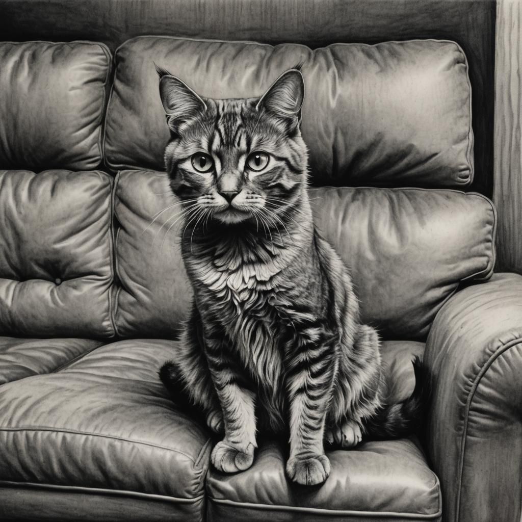 Scared Cat on Couch: Hyperdetailed Charcoal Drawing