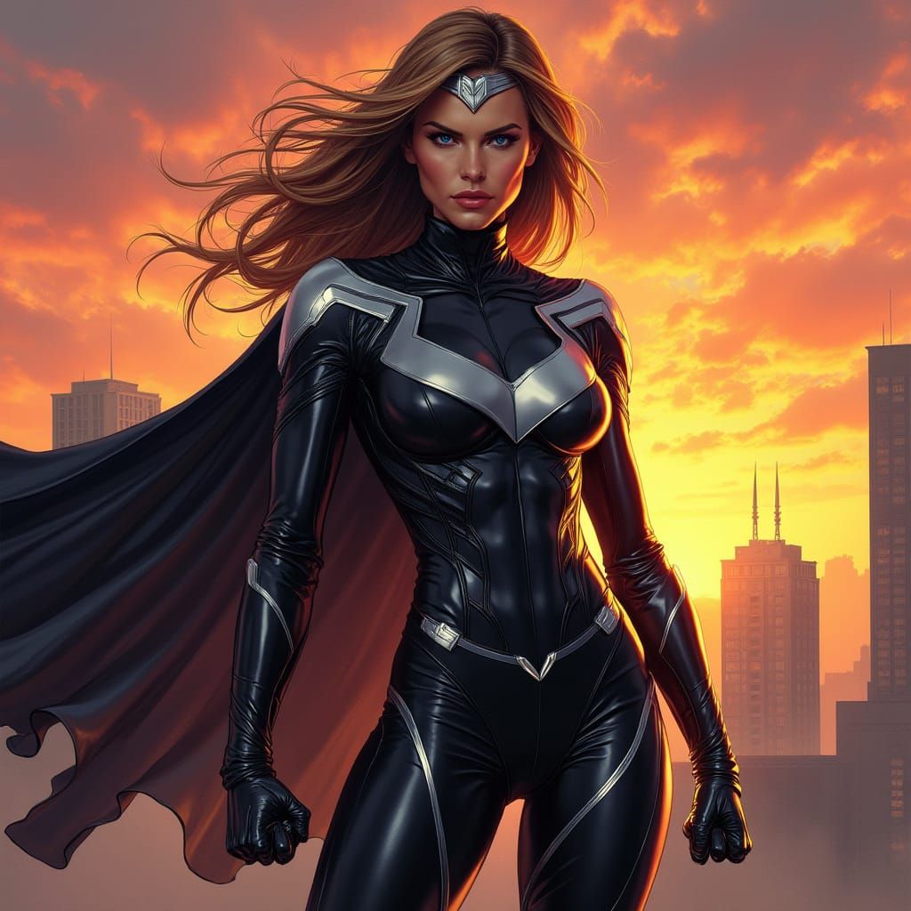 Heroic Superhero Woman in Dynamic Cityscape
