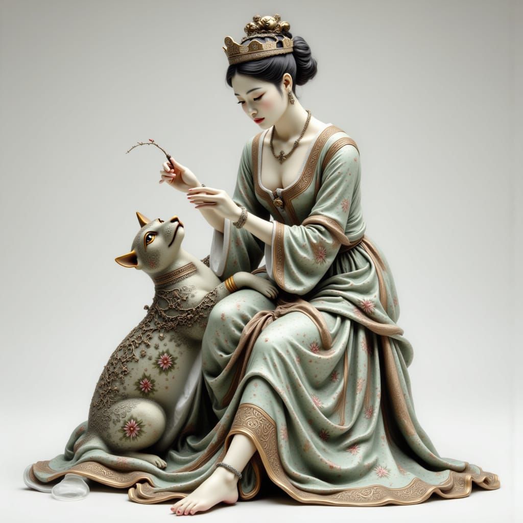 Faience figurine of antique woman with cat <lora:plot:1.0> . Very fine filigree work, careful creation of every detail, ...