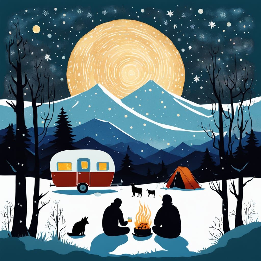 Warm Winter Scene with Campers by a Starry Campfire