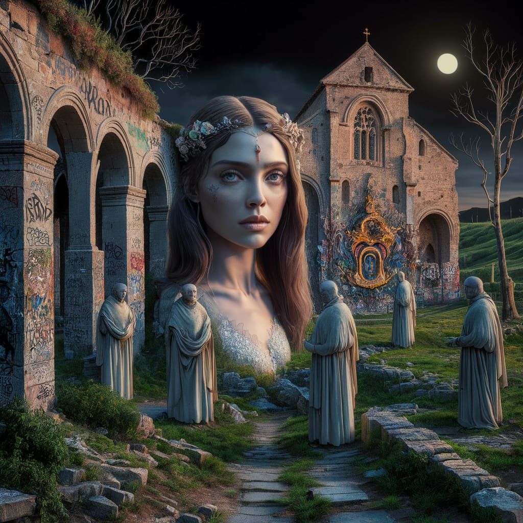 Woman in Ruins with Graffiti, 3D Rendered