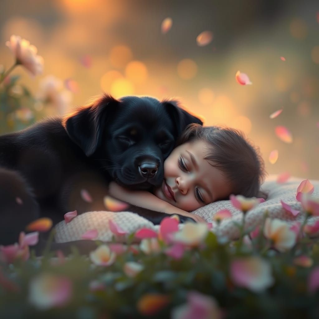 Puppy and Child Sleeping in Twilight Garden