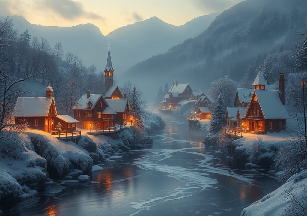 Winter Village at Twilight: An Ethereal Fantasy