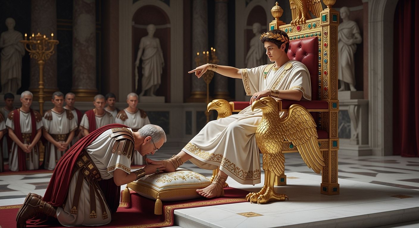 Emperor Nero on Jeweled Throne in Lavish Roman Palace