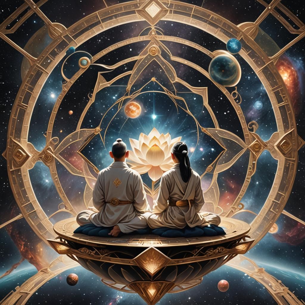 Merkabah Vehicle with Meditating Figures in Space