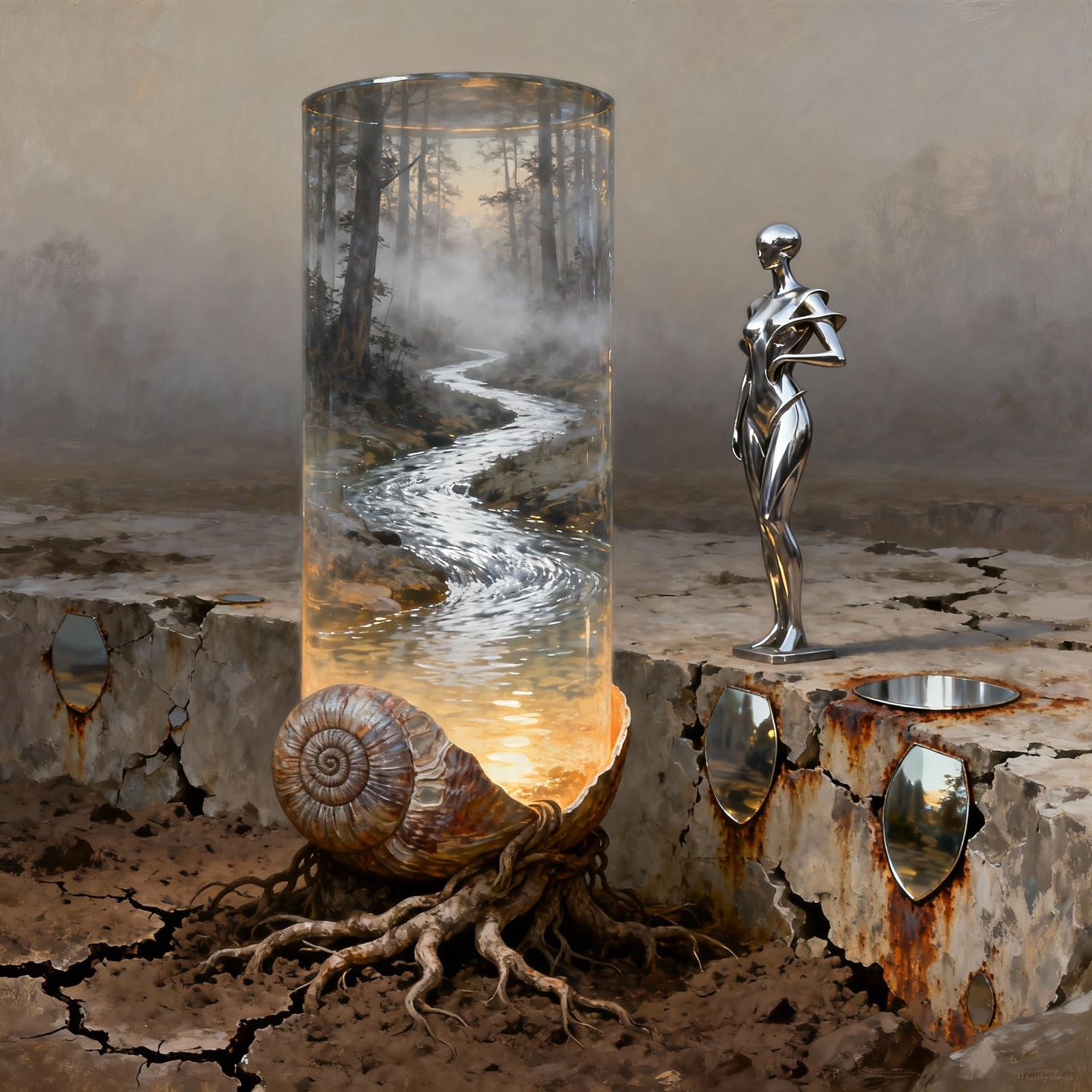 Surreal Fossil Structure with Silver River and Metal Sculptu...