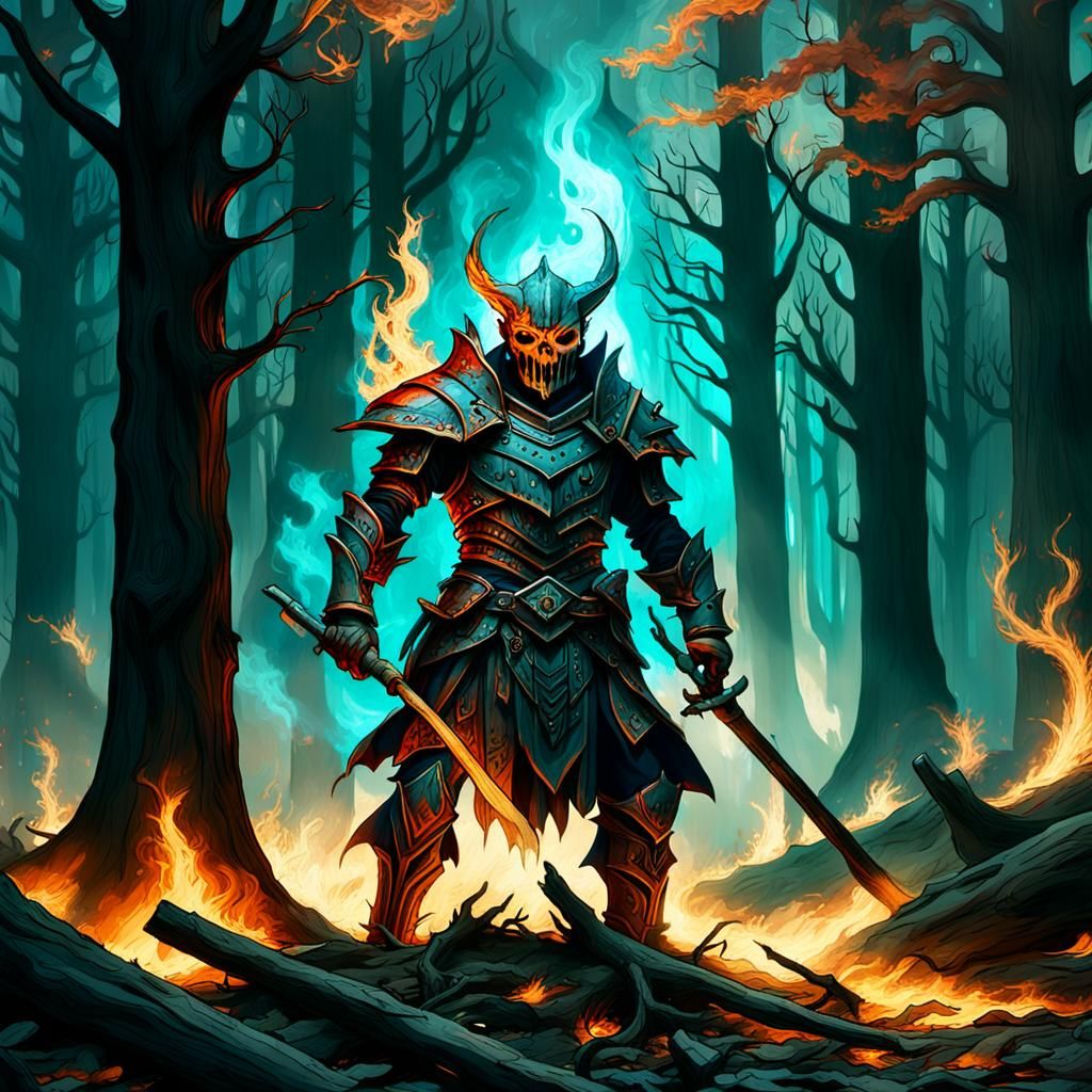 Eerie Flames Light Dark Fantasy Landscape