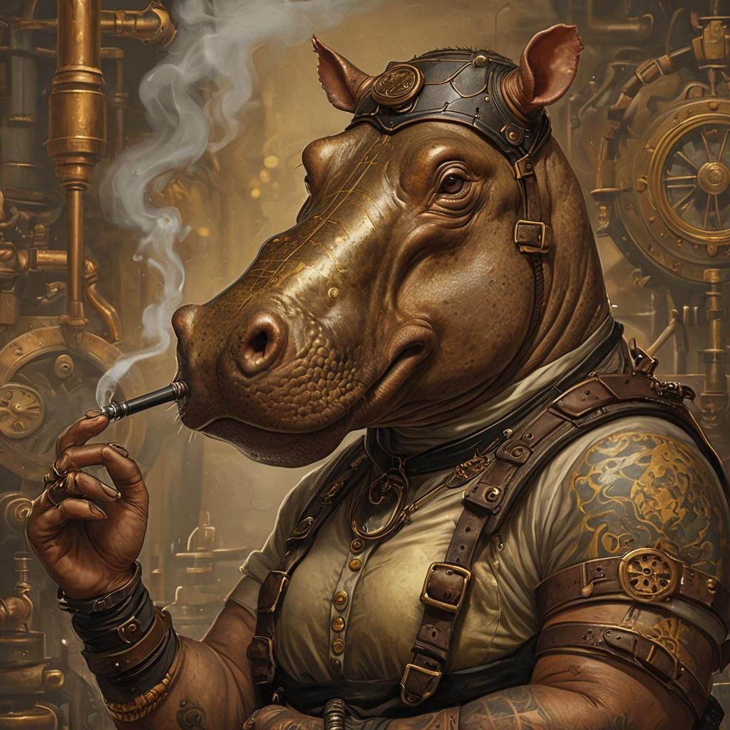 Steampunk Hippo Sits in Warm Golden Light