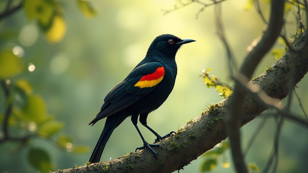 Vibrant Redwing Bird in Morning Forest