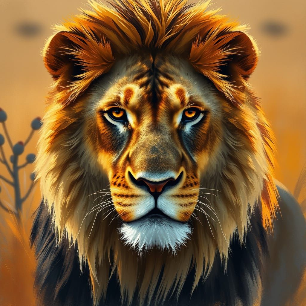 Lion in Warm Savannah Landscape, in Style of Digital Paintin...