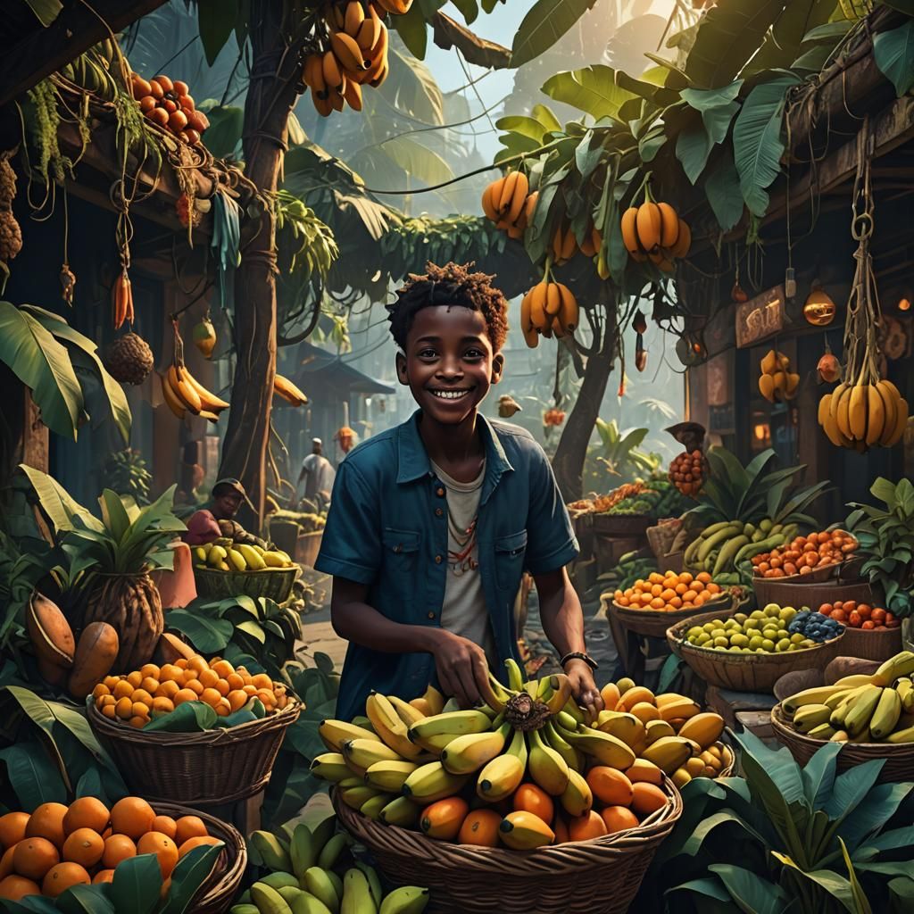 Mischievous Boy Stealing Bananas: Matte Painting