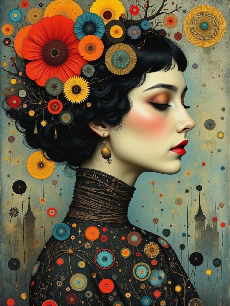 Gothic Surreal Floral Portrait in Watercolor Style