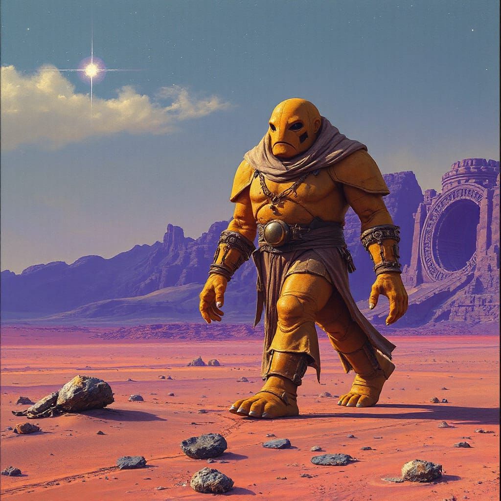 Surreal Orange Stone Golem Walks Under Violet Desert Stars