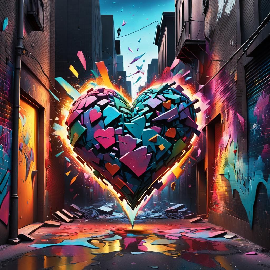 Shattered Heart Graffiti Art in an Alleyway