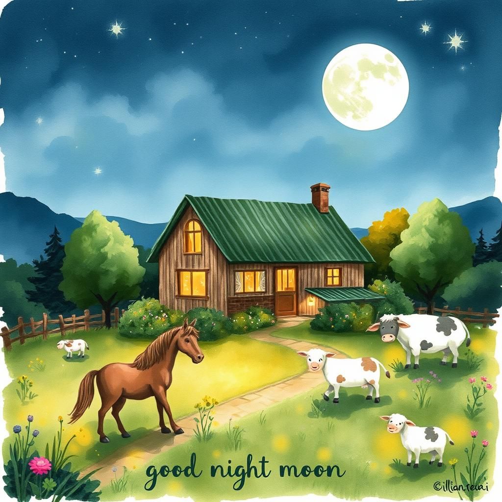 Whimsical Farmhouse at Night in Watercolor Ink