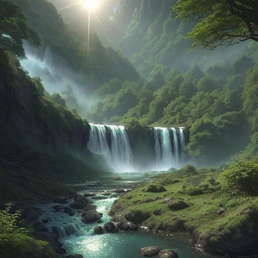 Sunlit Spring Forest With Rivers and Waterfalls
