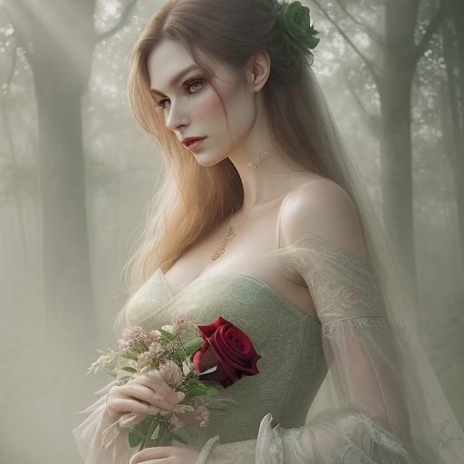 Woman with Rose in Misty Forest Oil Painting