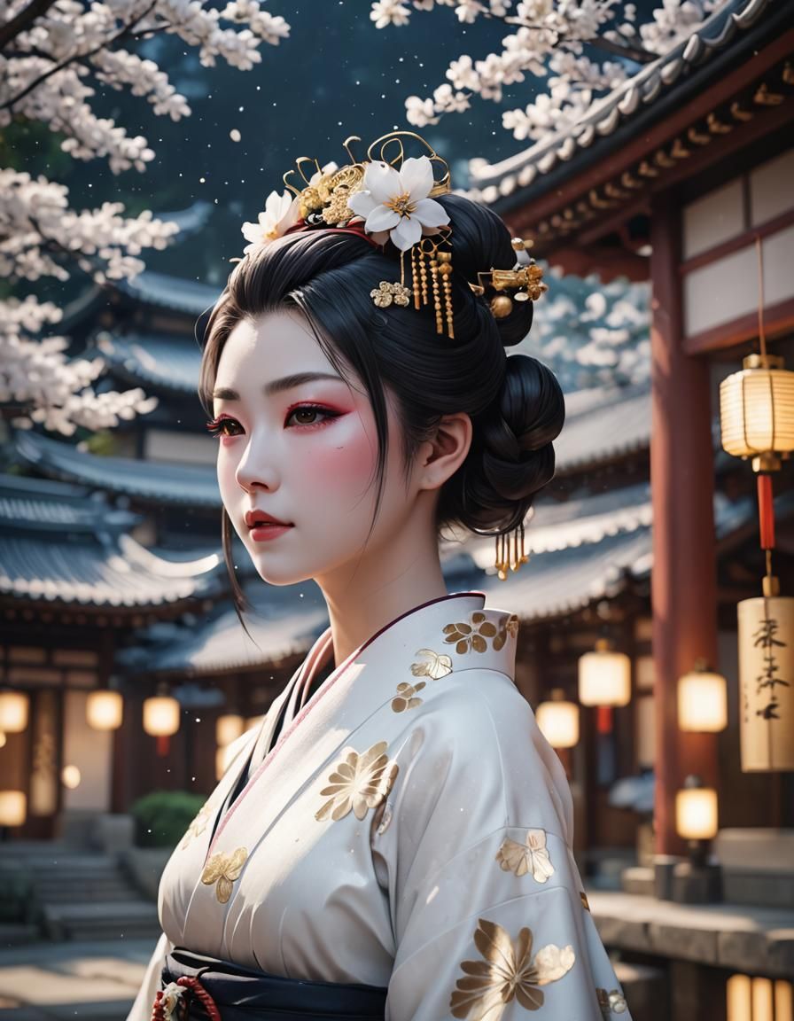 Elegant Geisha in White Kimono: Anime Style