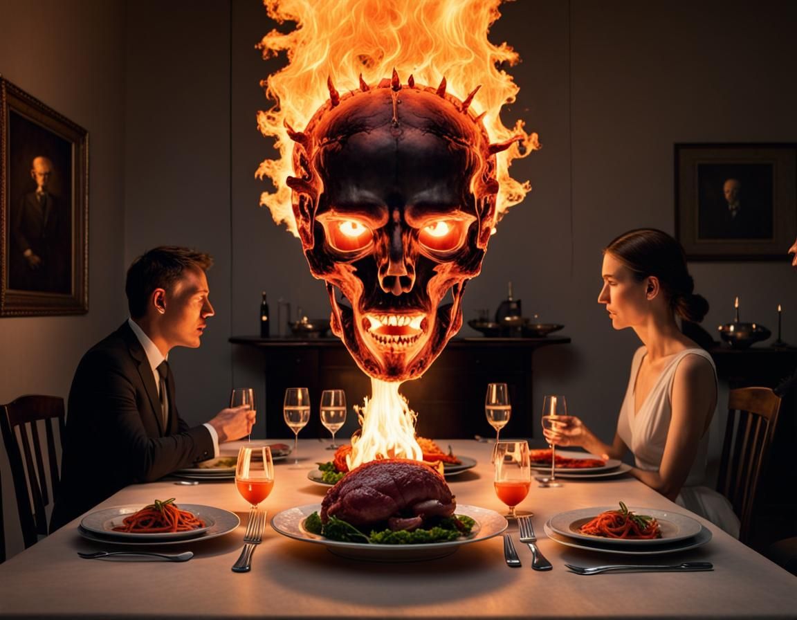 Dinner Table Illuminated by Flaming Heads