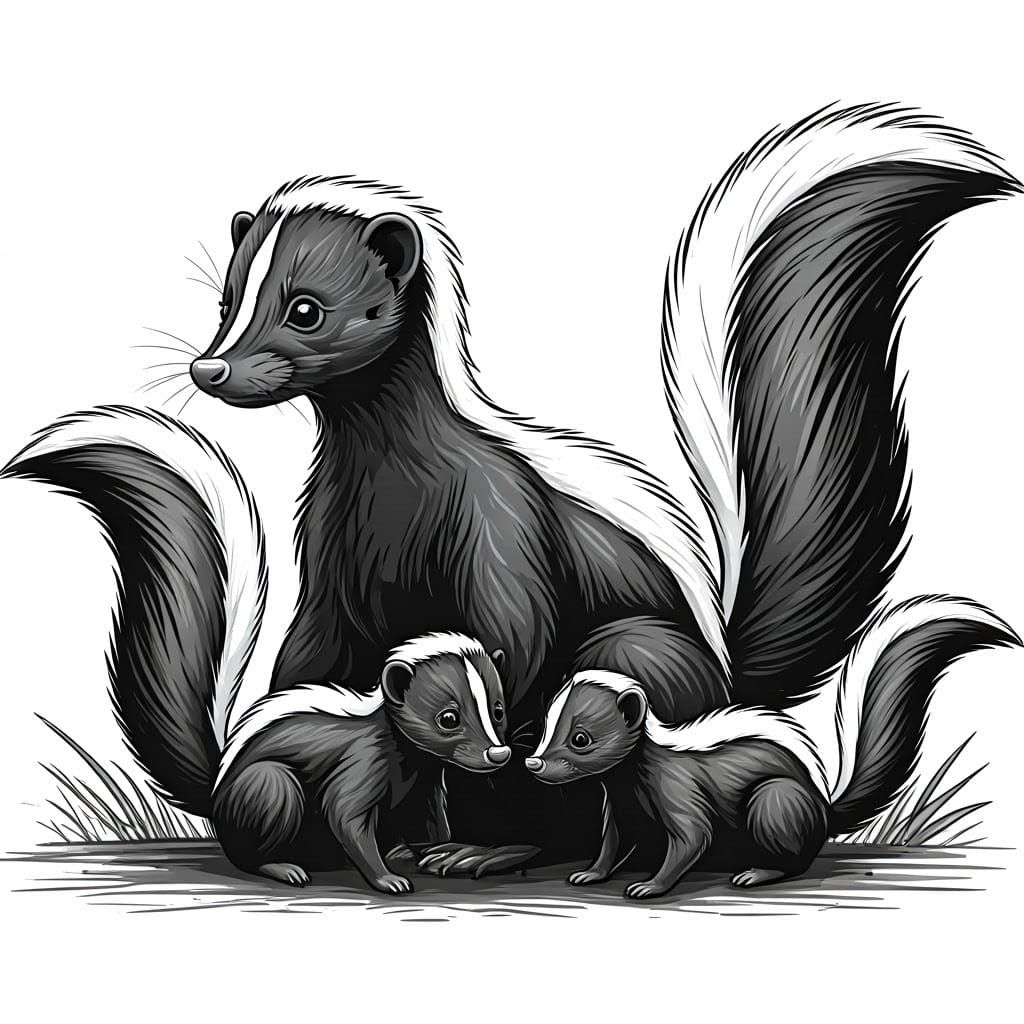 mother skunk with her babies
