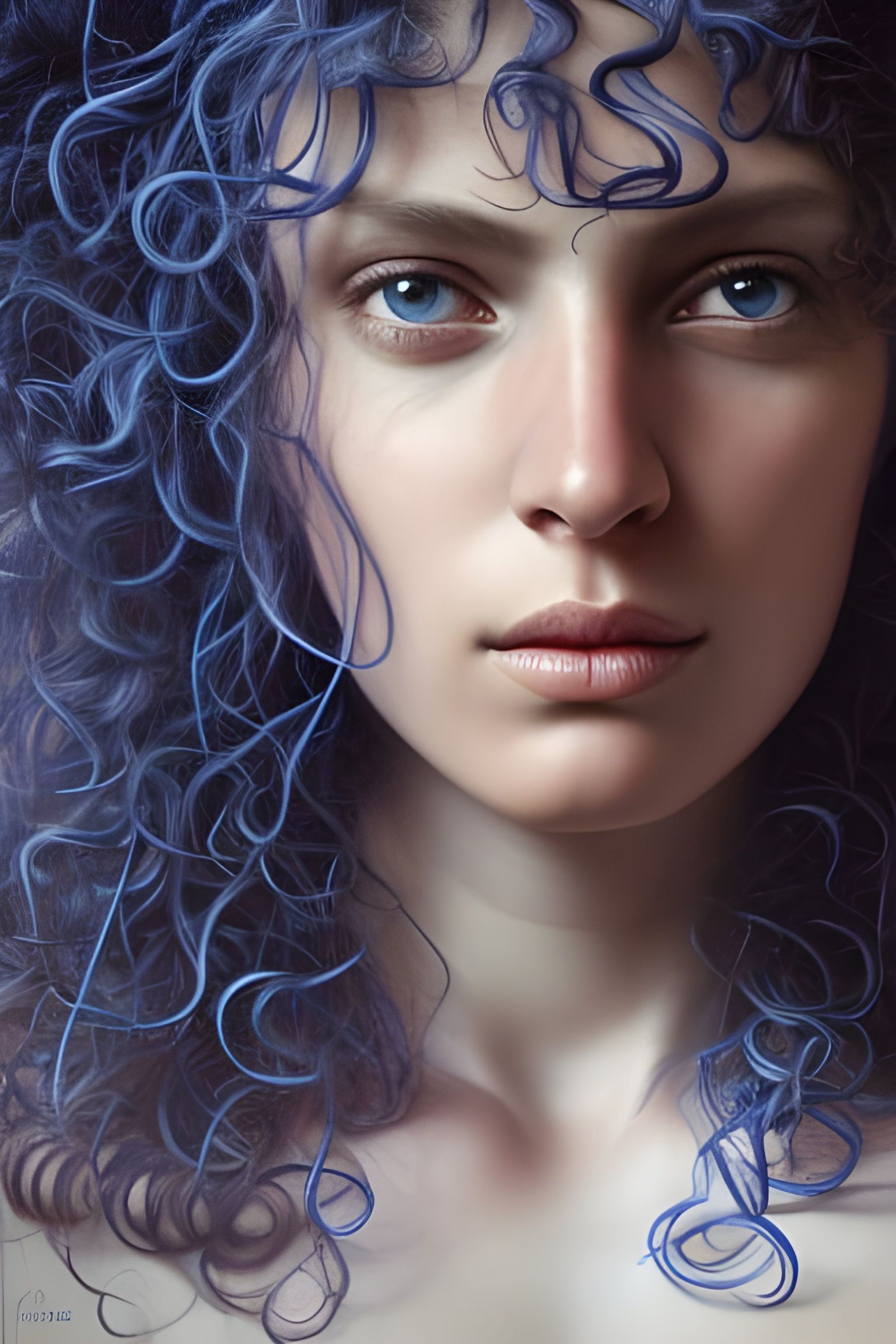 Indigo-Haired Priestess: A Hyperrealistic Goddess Portrait